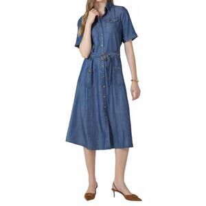 NEW DEX CLOTHING belted utility midi dress in medium indigo wash